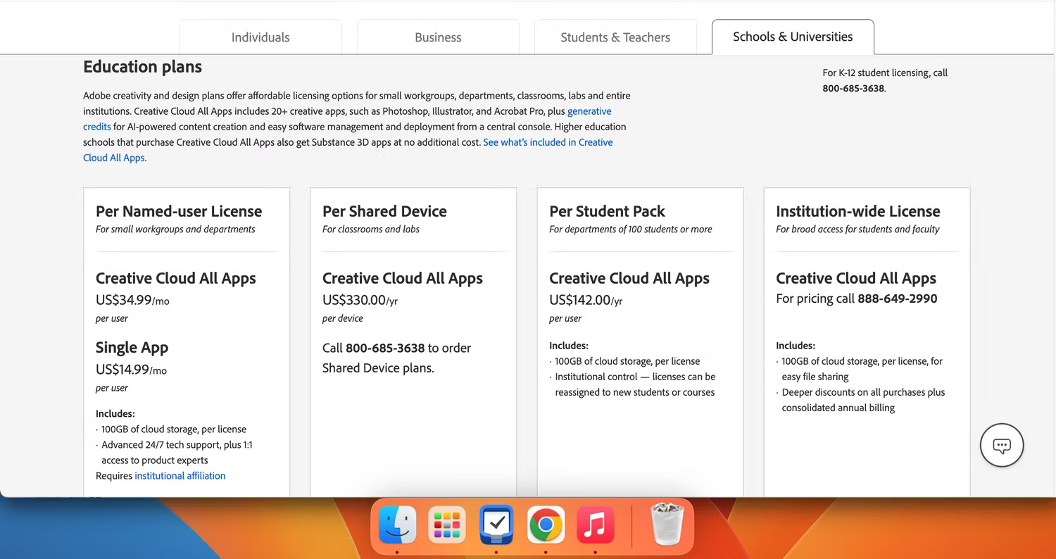 Danh sách các gói giá Adobe CC All Apps khác nhau dành cho các tổ chức giáo dục