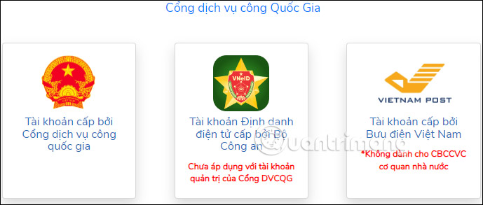 Chọn đăng nhập Cổng thông tin DVC Quốc gia 