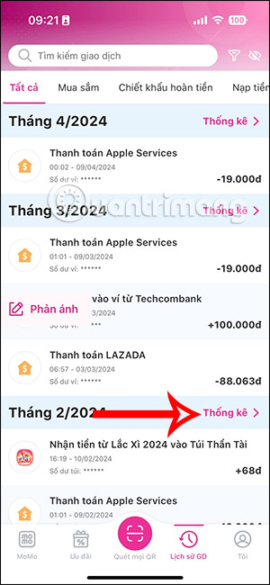 Xem thống kê chi tiêu hàng tháng của MoMo