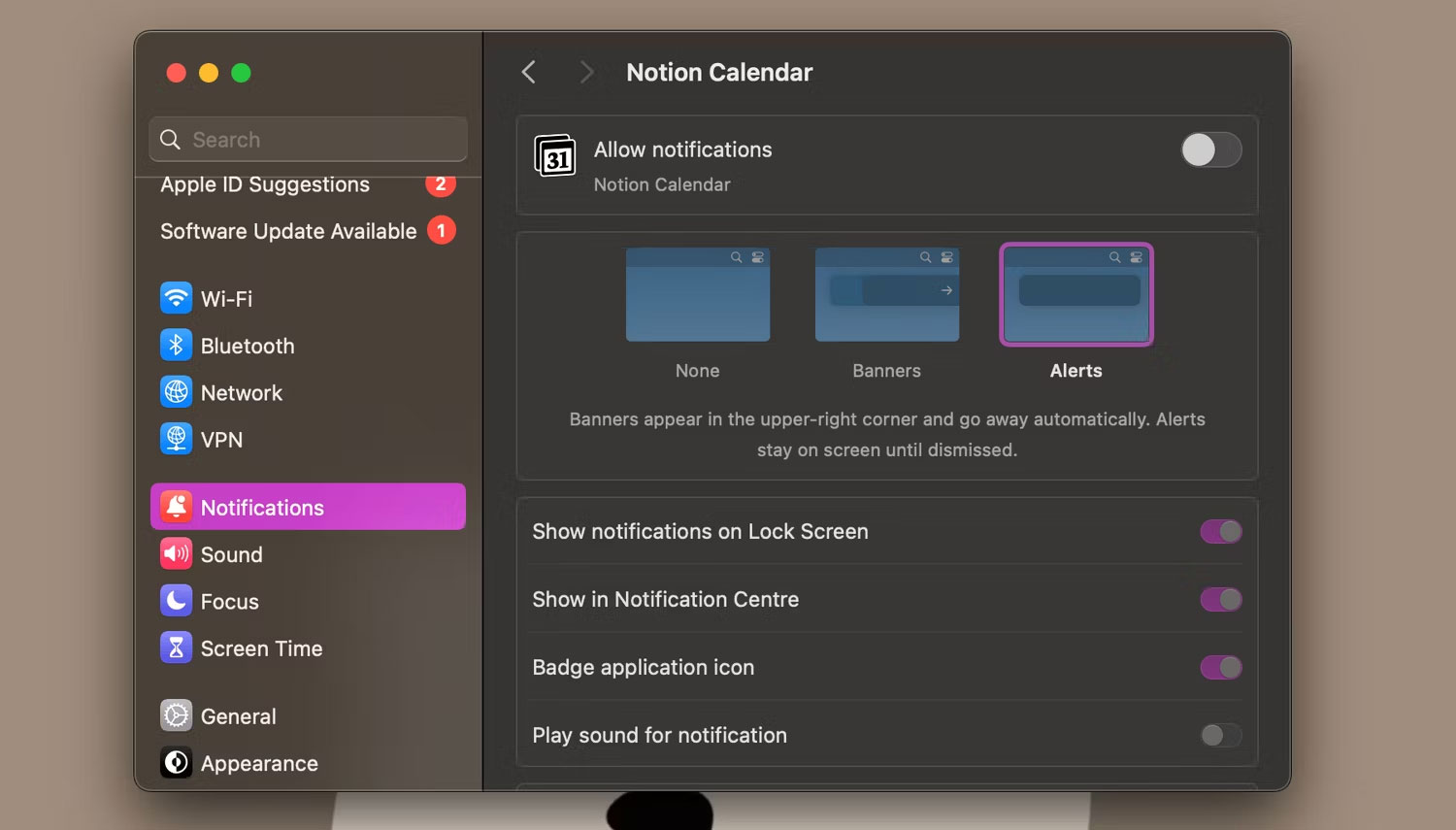 Tắt thông báo Notion Calendar trên macOS