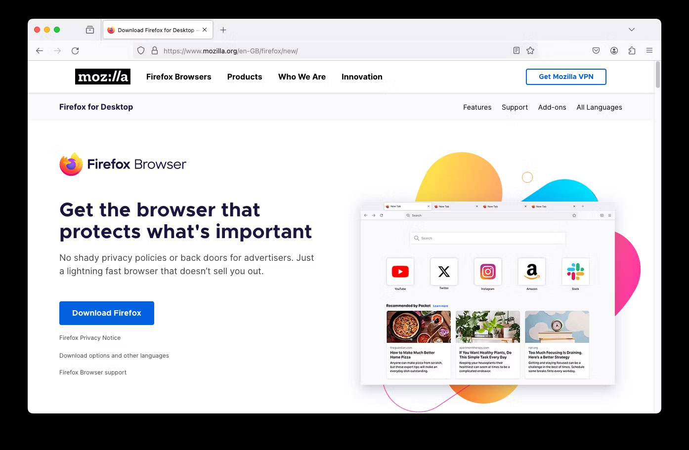 Trình duyệt Firefox hiển thị trang chủ trên máy Mac