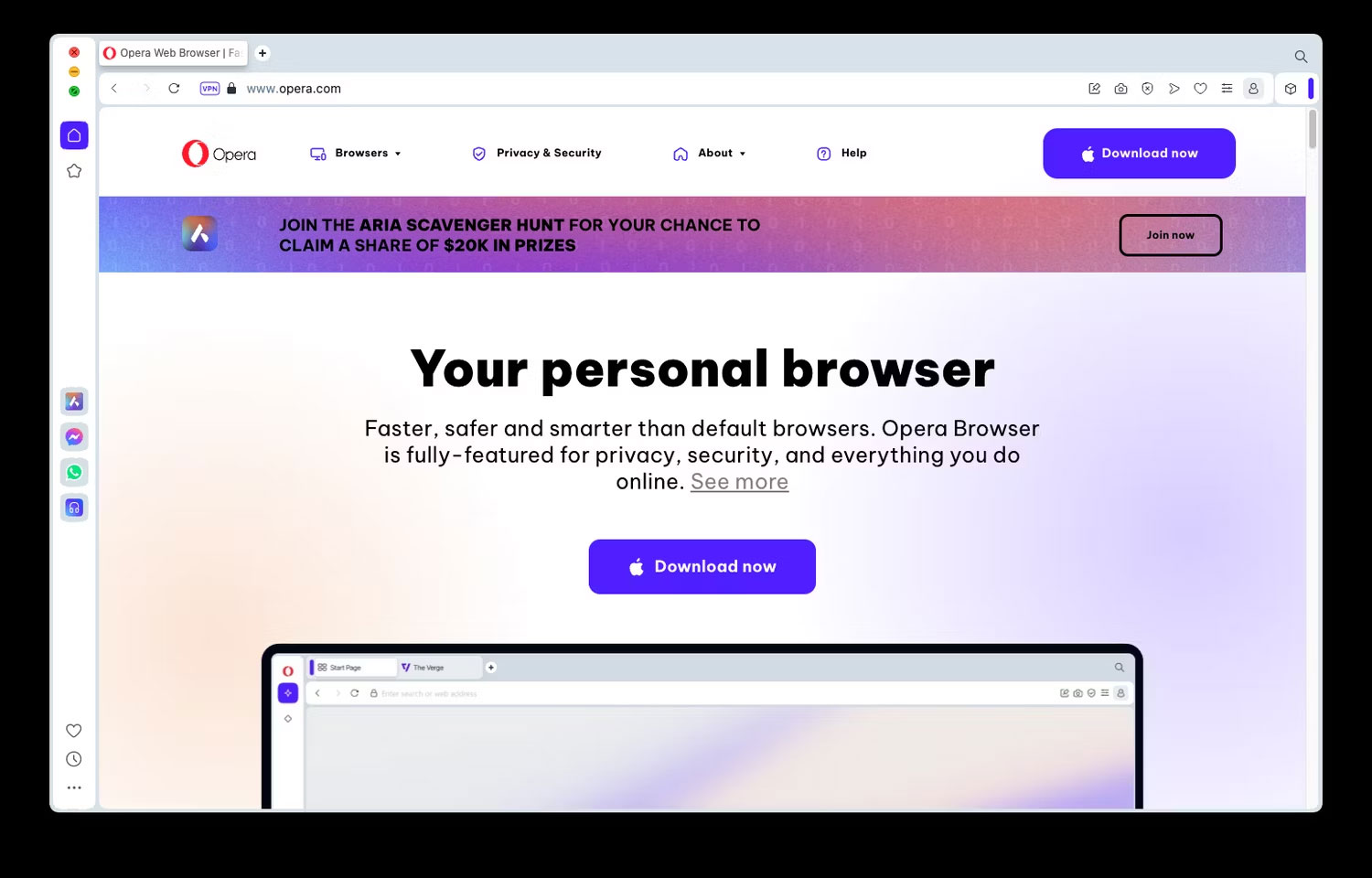 Trình duyệt Opera hiển thị trang chủ trên máy Mac