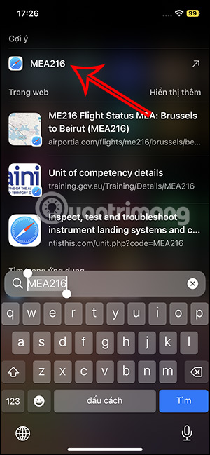Tìm số hiệu chuyến bay trong Spotlight 