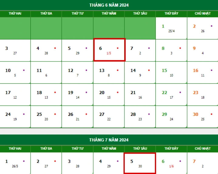 Lịch tháng 5 năm 2024 âm lịch