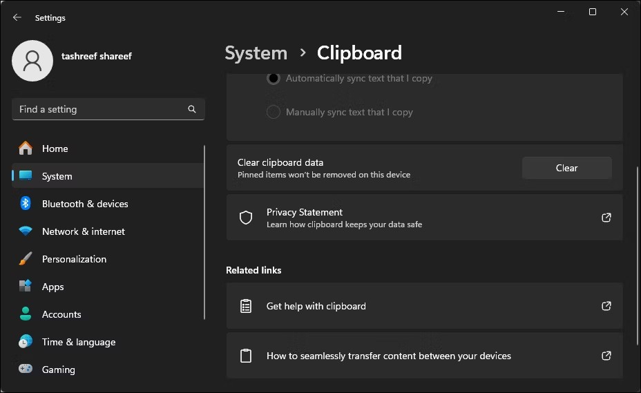 Ứng dụng Windows 11 Settings hiển thị cài đặt Clipboard
