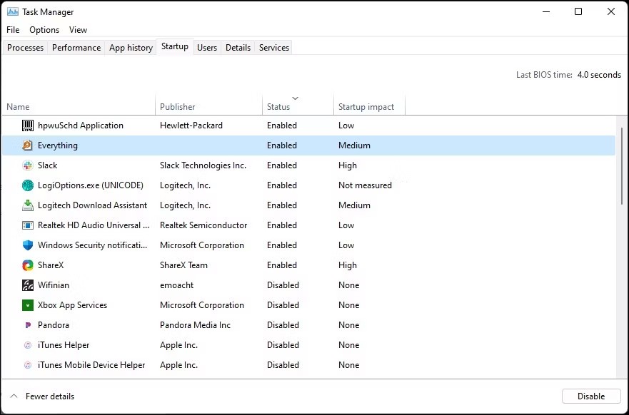 Task Manager Windows 11 hiển thị tab Startup