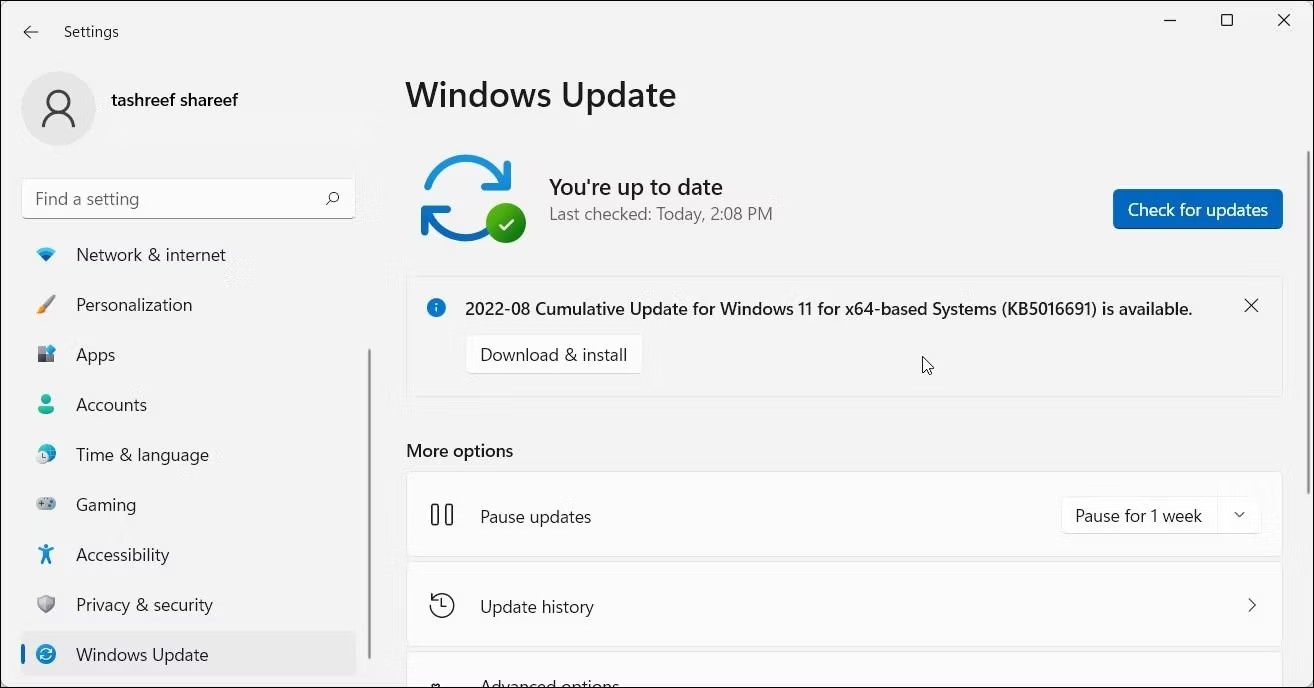 Cài đặt Windows 11 hiển thị tab Windows Update.