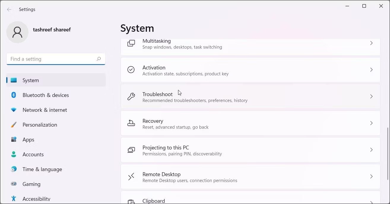 Ứng dụng Settings Windows 11 hiển thị tùy chọn Troubleshoot.