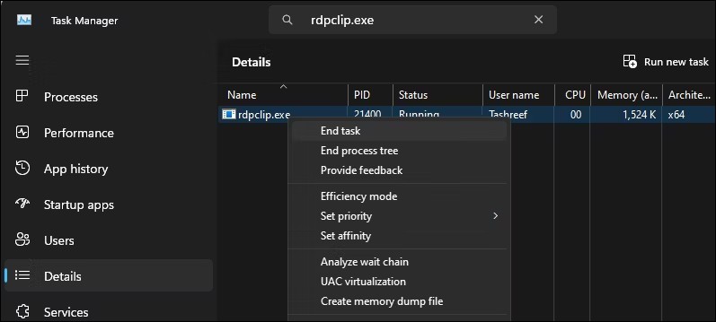 Task Manager Windows 11 hiển thị tùy chọn kết thúc tiến trình rdpclip-exe