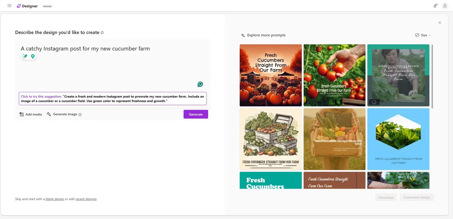 Microsoft Designer tạo bài đăng trên Instagram về trang trại dưa chuột