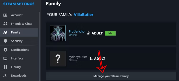 Quản lý thành viền trong Steam Family