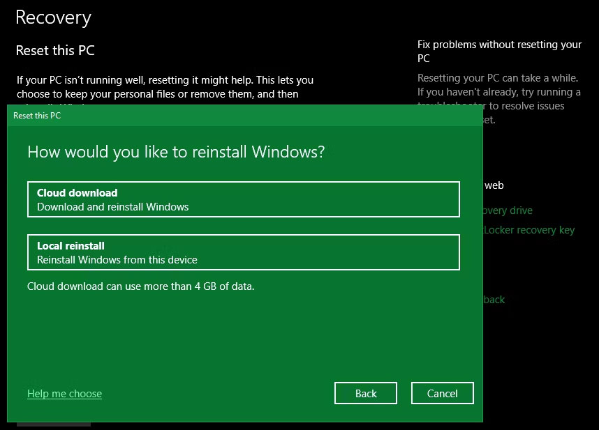 Tùy chọn Cloud Reinstall Windows 10