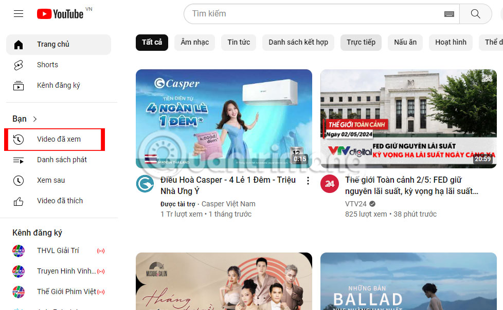 Tab Bạn trên Youtube với tùy chọn Video đã xem