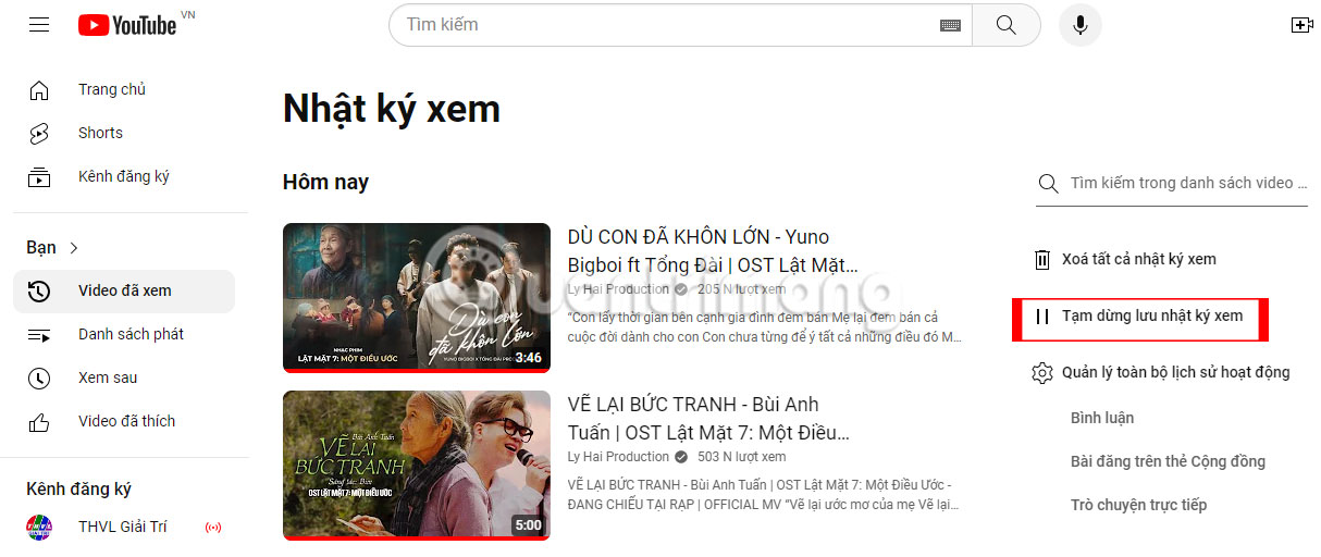 Tạm dừng lịch sử xem trên trang web YouTube