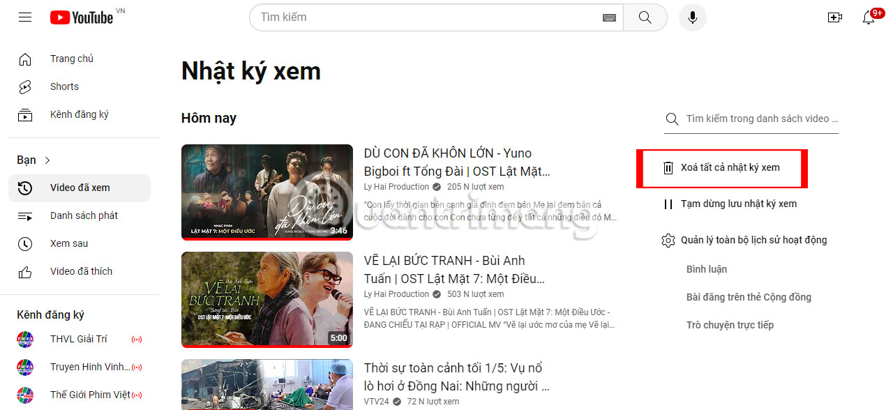 Tùy chọn xóa lịch sử xem trên trang web YouTube