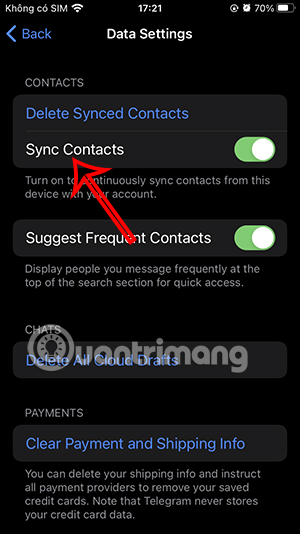 Tắt đồng bộ danh bạ Telegram