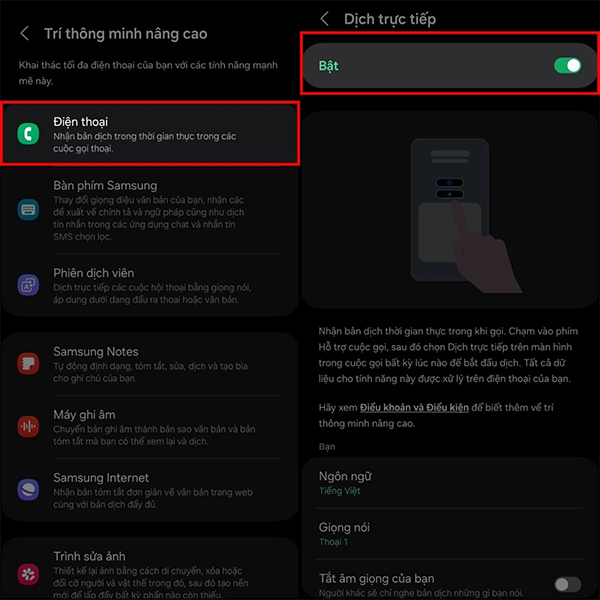 Bật dịch cuộc gọi trên điện thoại Samsung