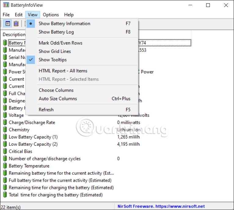 Xem thông tin pin trên BatteryInfoView