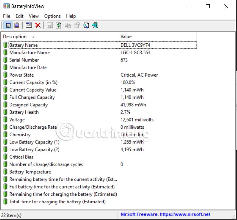 Thông tin pin trên BatteryInfoView