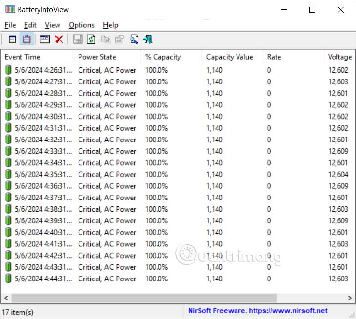 Thông tin nhật ký pin laptop trên BatteryInfoView