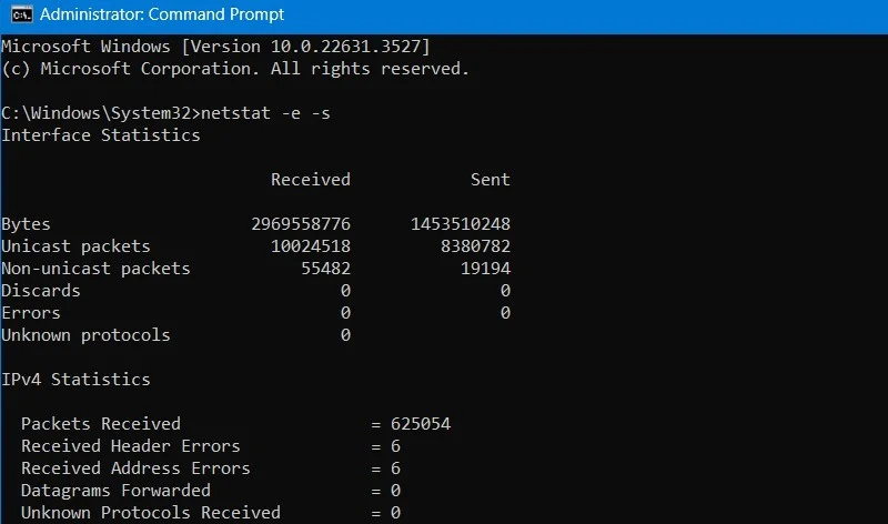 Xem số liệu thống kê interface mạng trong Command Prompt bằng lệnh netstat -e -s