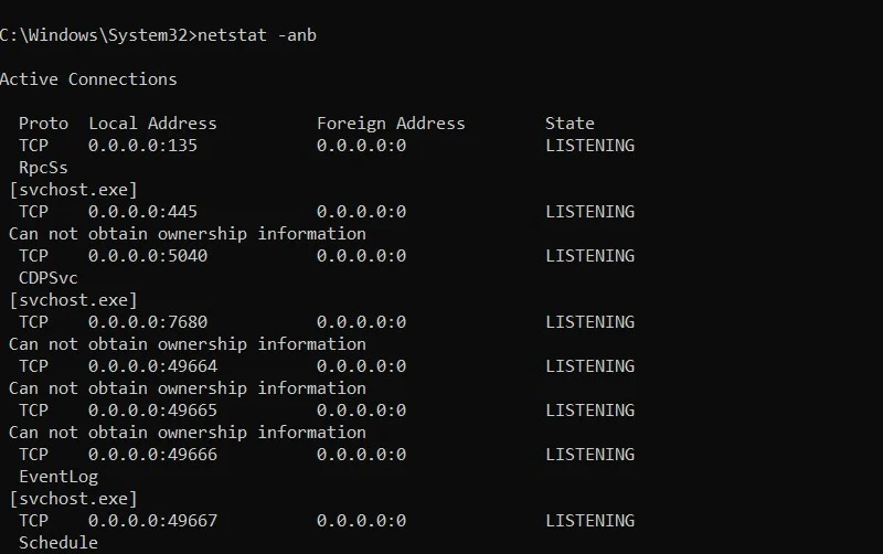 Giám sát các kết nối mạng trực tiếp hoặc đang hoạt động bằng lệnh netstat-anb trong Windows Command Prompt