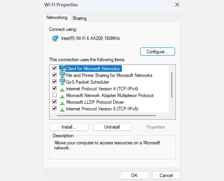 Tab Networking trong Wi-Fi Properties trên PC Windows