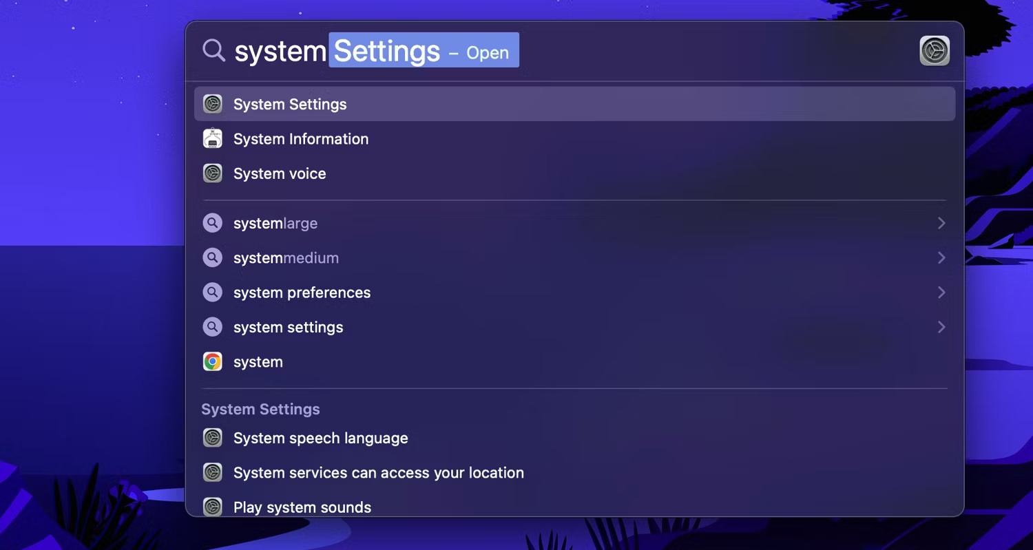 Vào System Settings bằng Spotlight