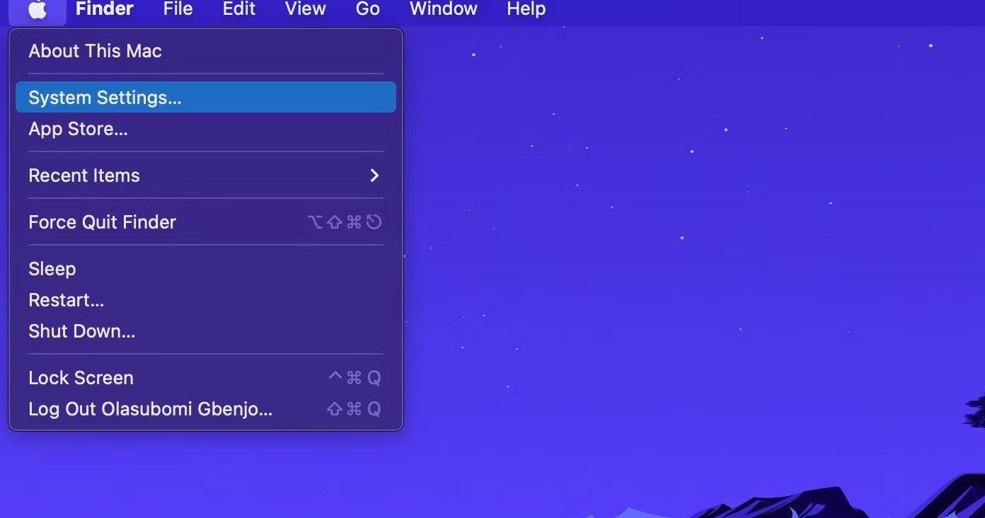 System Settings trong Menu Apple