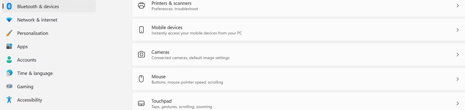Mở cài đặt bàn di chuột trong ứng dụng Windows Settings