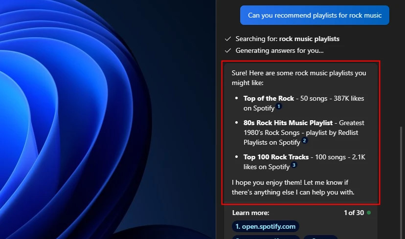 Playlist Spotify trên Copilot