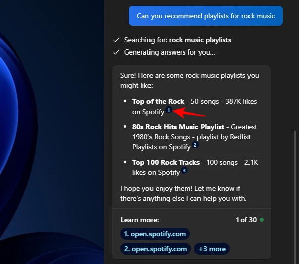 Mở playlist Spotify trên Copilot