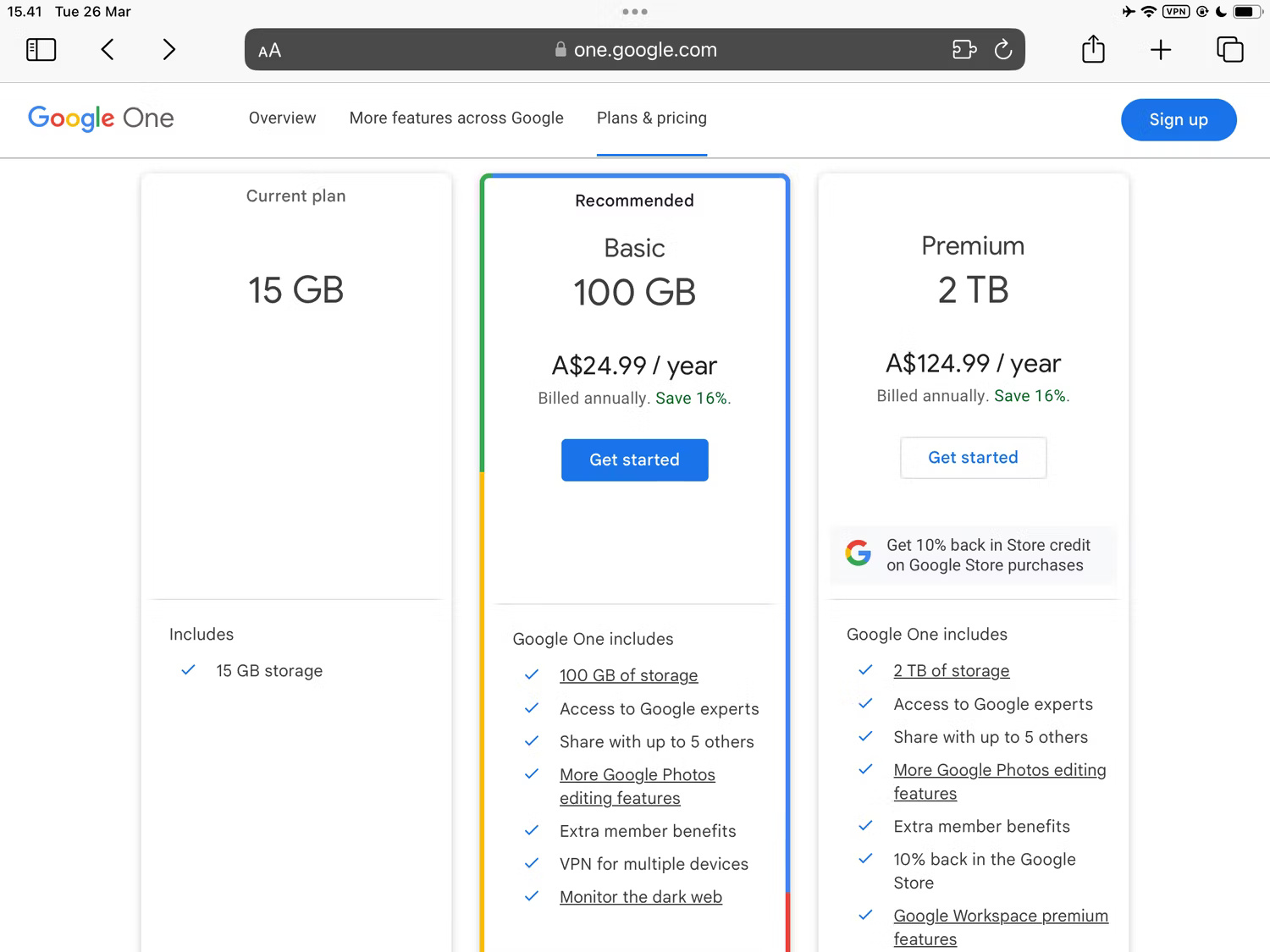 Đăng ký Google One trên trang chủ