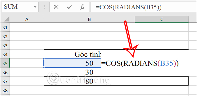Nhập hàm cos Excel 