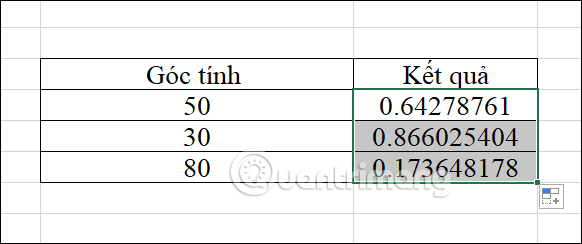 Hiện kết quả hàm cos Excel 