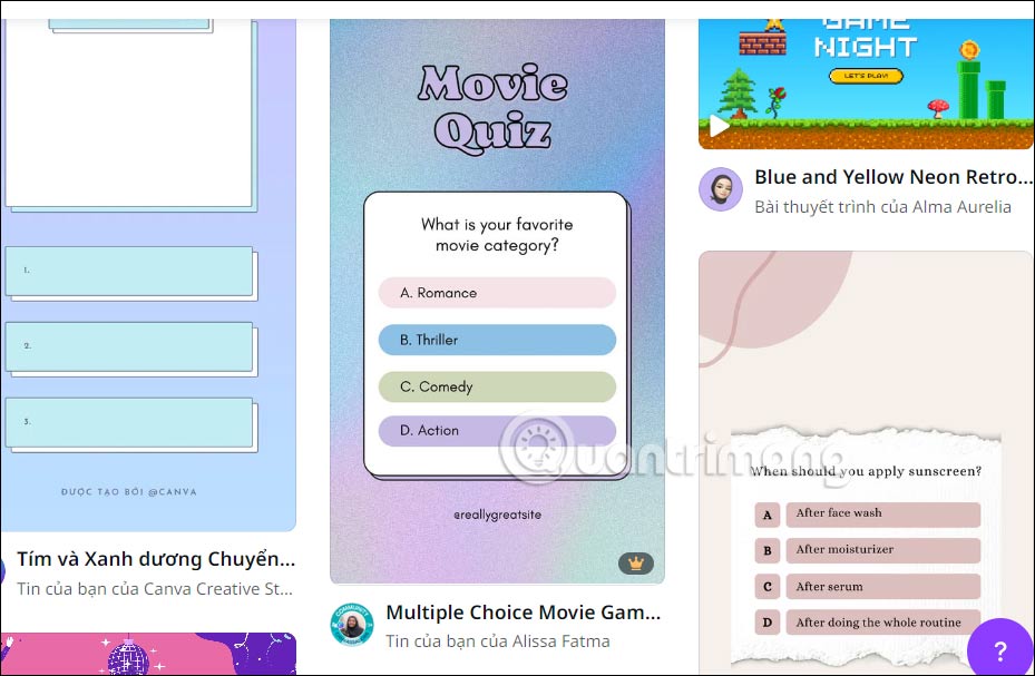 Mẫu phiếu câu hỏi trắc nghiệm trên Canva