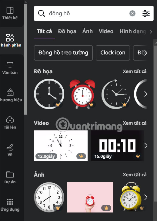 Tìm thành phần trên Canva