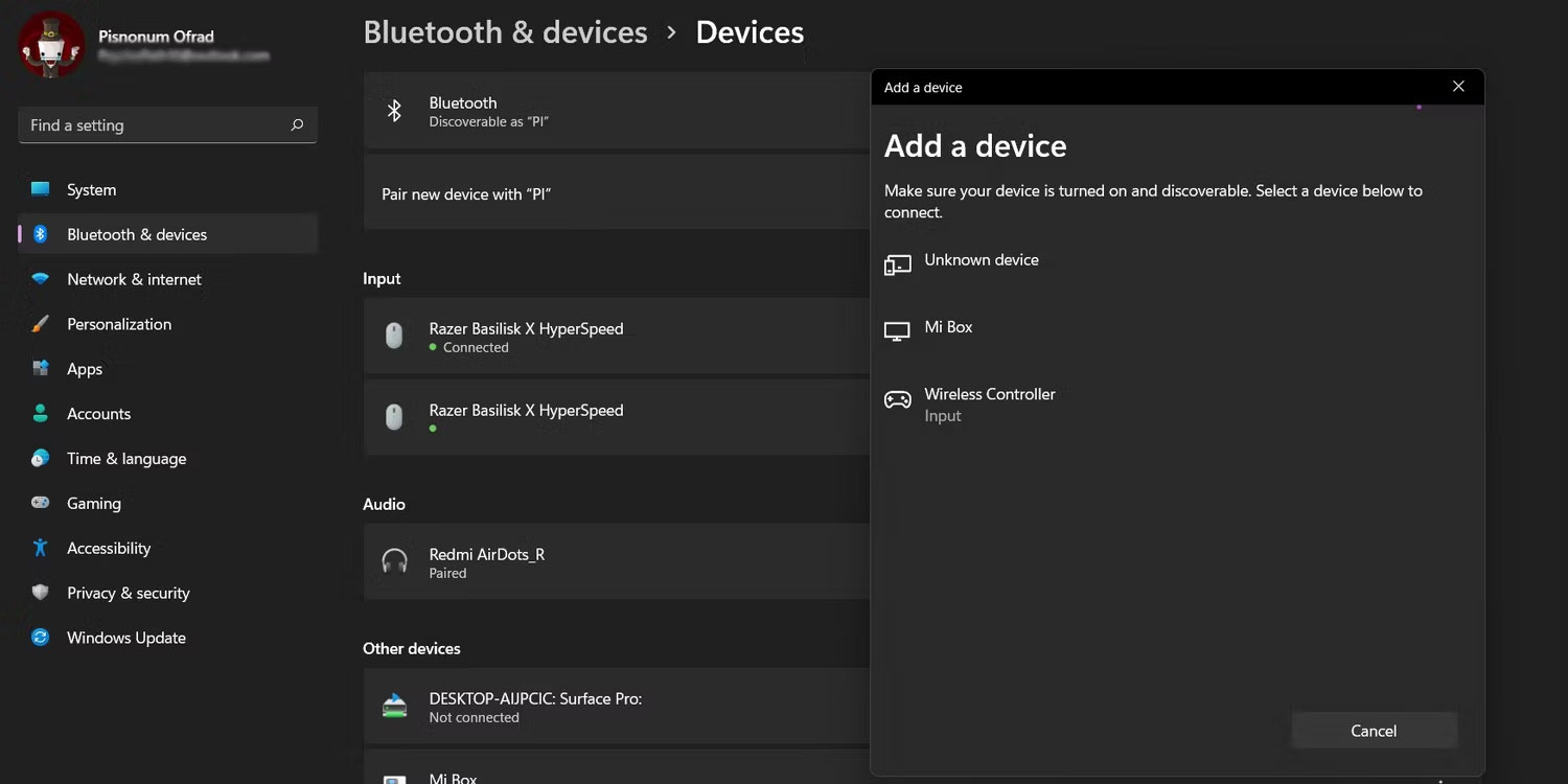 Cài đặt Bluetooth của Windows 11.