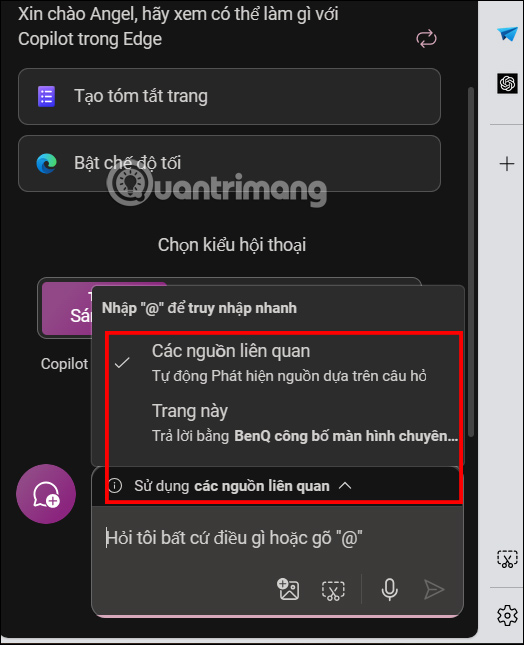Chọn nguồn câu trả lời trên Copilot