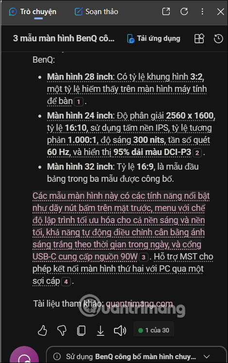 Câu trả lời chọn nguồn trên Copilot