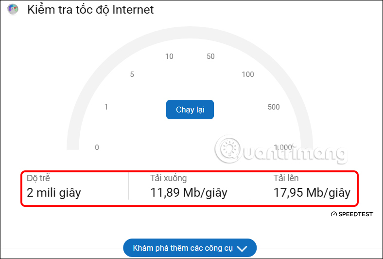Kết quả đo tốc độ mạng trên Edge 