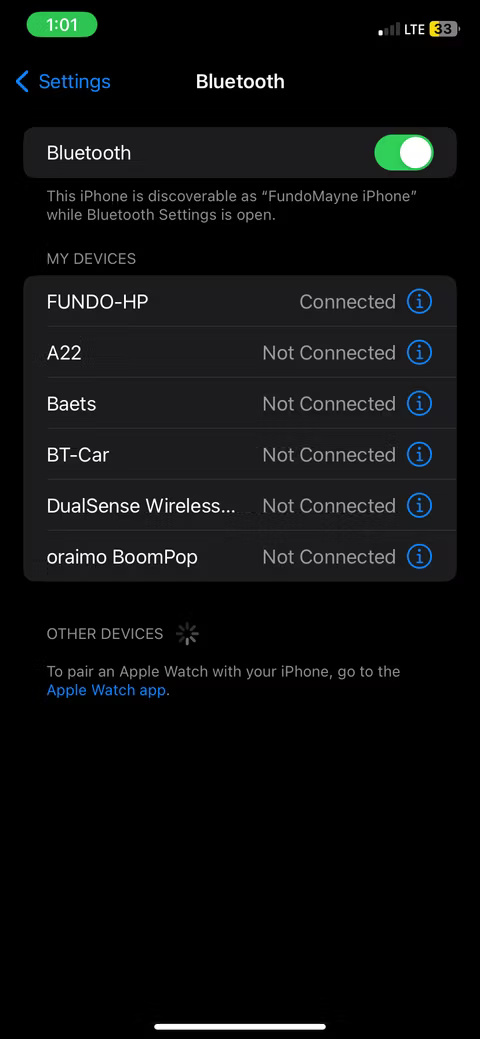 Trang cài đặt Bluetooth trên iPhone.