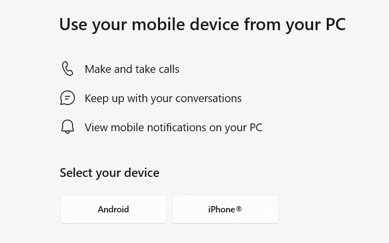 Chọn thiết bị di động trong ứng dụng Phone Link trên Windows.