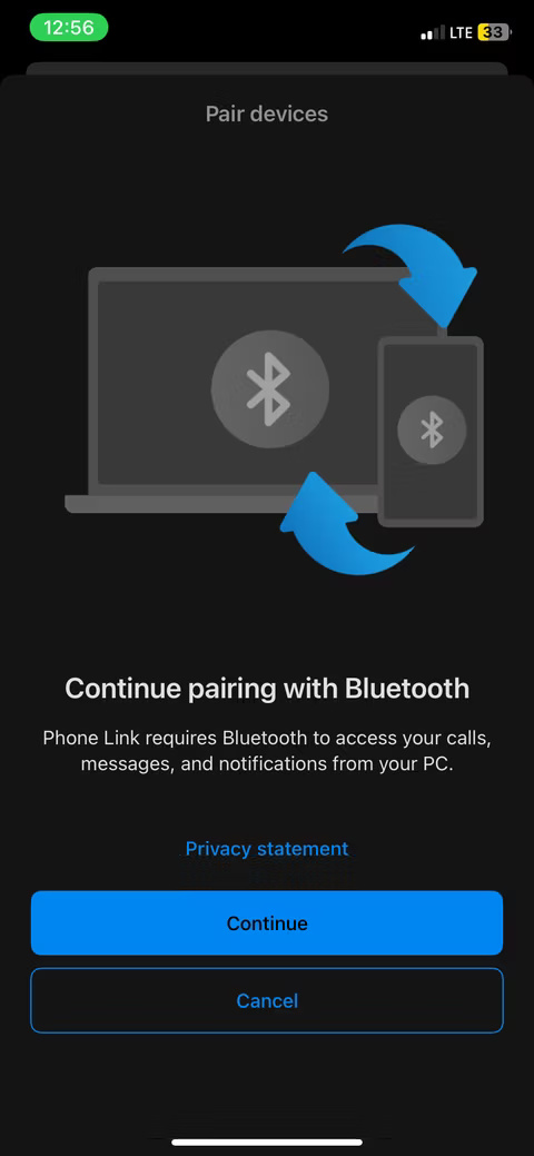 Màn hình tiếp tục ghép nối với PC Windows trong ứng dụng Link to Windows trên iPhone.