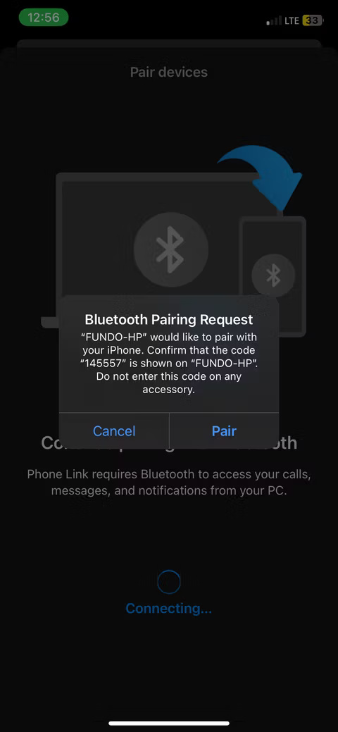Lời nhắc kèm theo mã ghép nối trong ứng dụng Link to Windows trên iPhone.