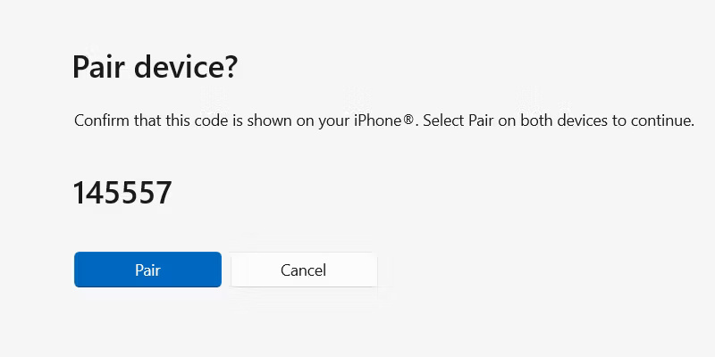 Màn hình ghép nối có mã trong ứng dụng Phone Link trên Windows.