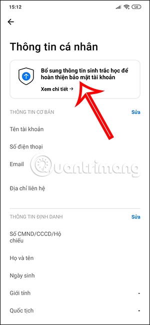 Thông báo bổ sung sinh trắc học Techcombank Mobile
