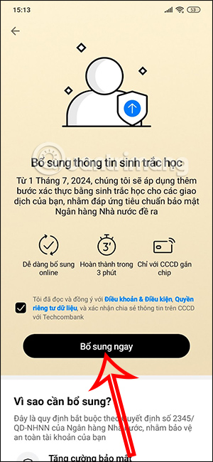 Giao diện bổ sung sinh trắc học Techcombank Mobile