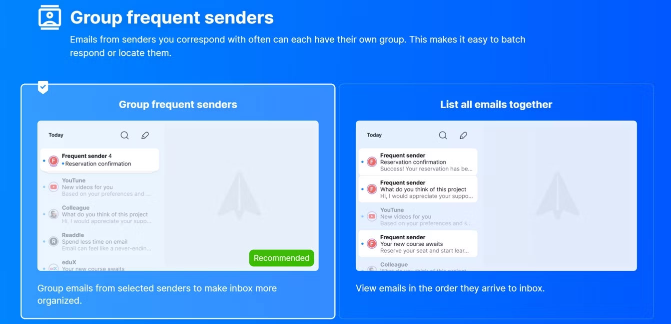 Cấu hình cài đặt tổ chức hộp thư đến trong trình cài đặt Spark Mail