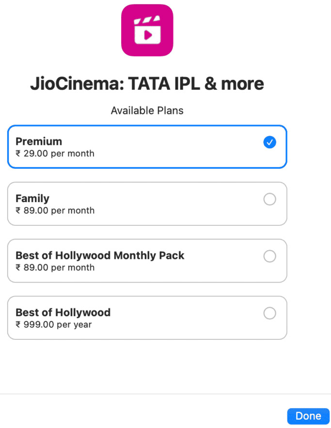 Chọn gói đăng ký mới cho ứng dụng